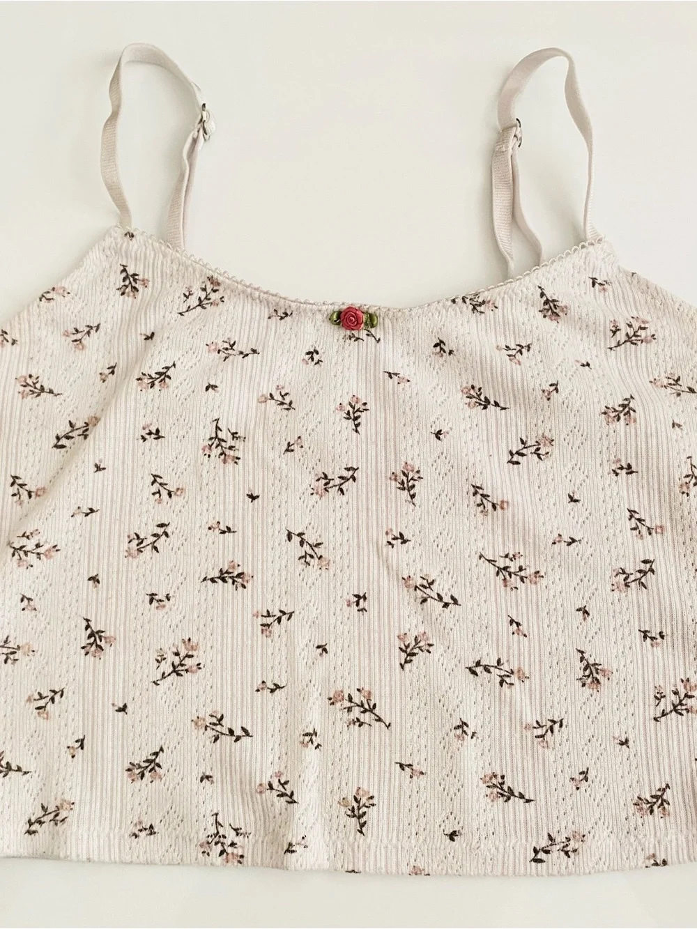 White Cropped cami tank top with Pink Floral Print and Rose Accent - Picture 4 of 7